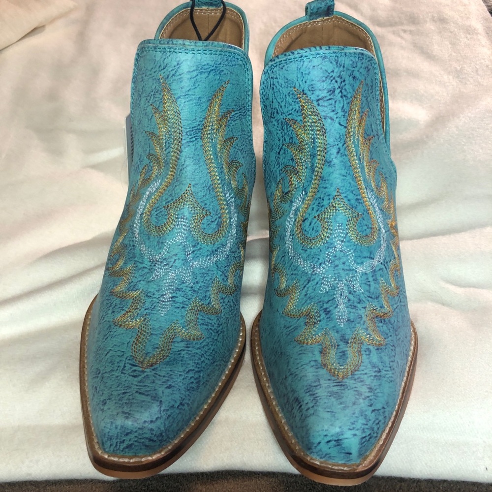 Myra Turquoise Ankle Booties with Gold Accents. Run Large - Picture 12 of 16